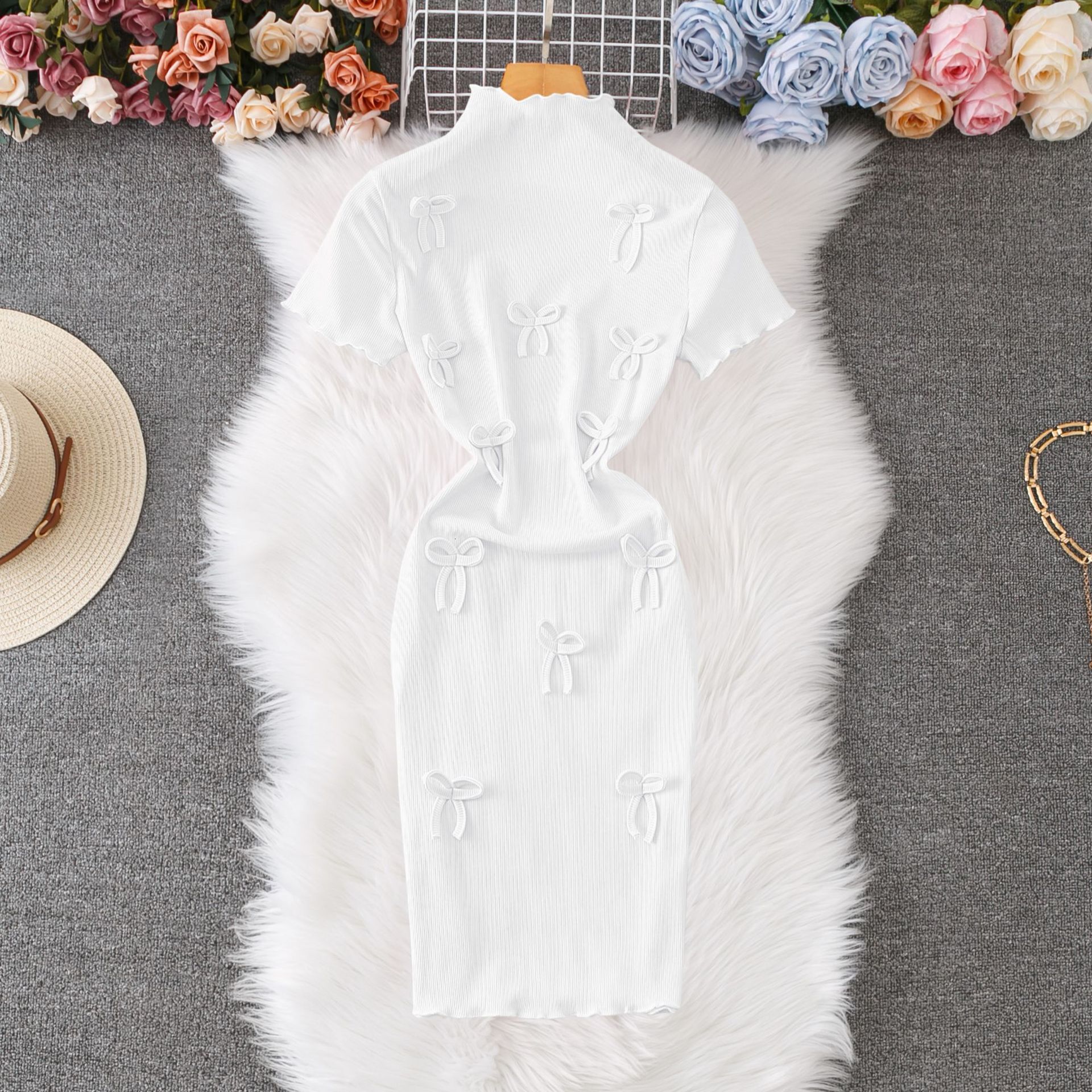 Luxury Brand Designer Clothes High Elasticity Comfortable Korean Style Bow Short Sleeve Dress 2025 Summer Versatile Slim Fit Little Style Bodycon Wome