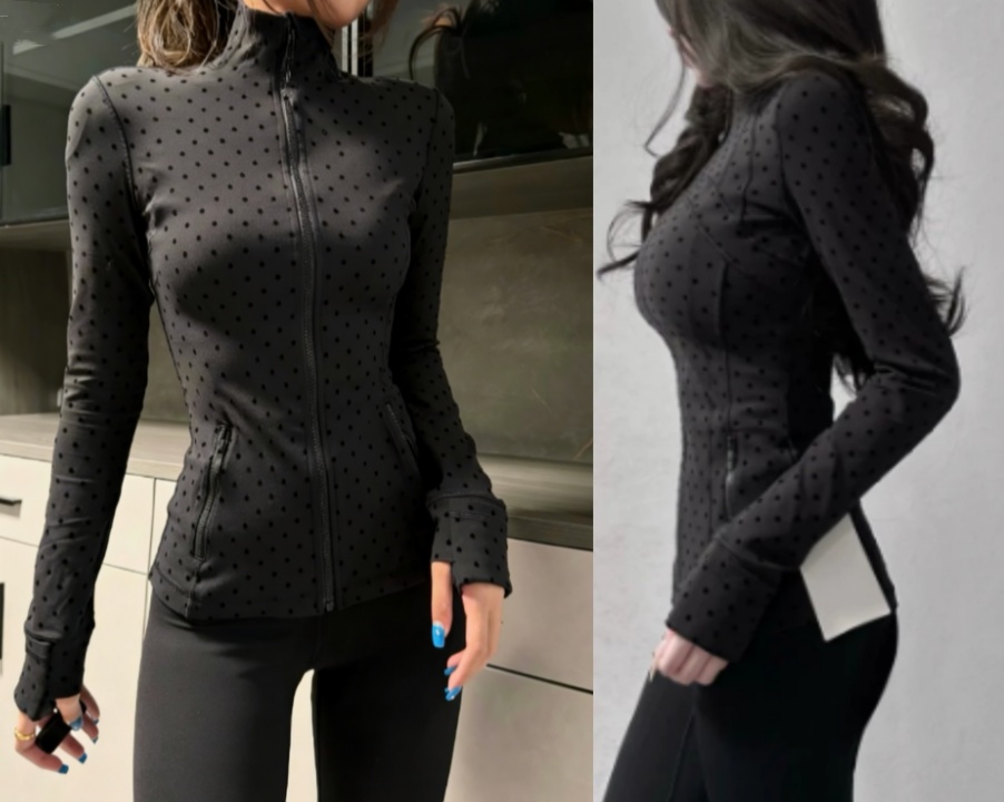 polka dot flocked df stand collar jacket slim fit long sleeve top perfect for yoga fitness gym workouts 2piece jacket set long length short length options
