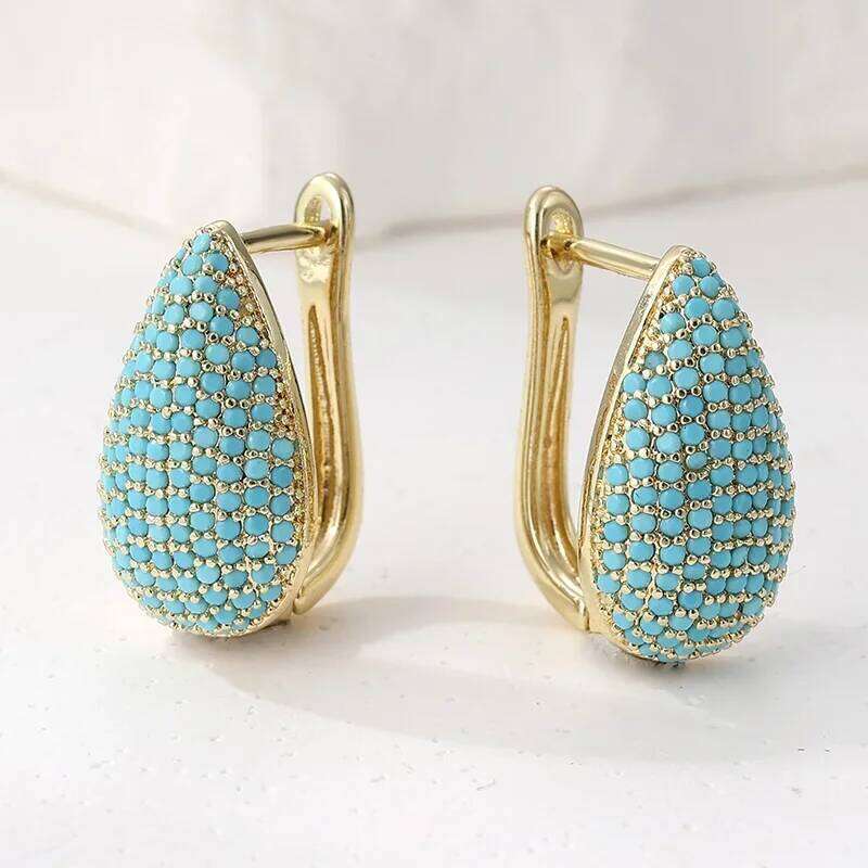 Fashion Synthetic Turquoise Inlaid Teardrop Shape Golden Plated Stud Earrings Women's Elegant Banquet Jewelry Accessories Crafts