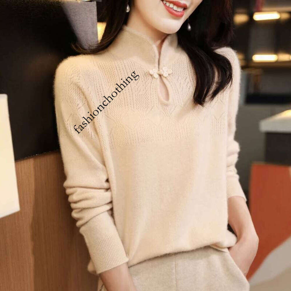 Zhehan Women 100% Merino Wool Sweater Autumn Winter Stand-Up Collar Warm Pullover Chinese Style Buckle Cashmere Knitwear Bottoming Tops
