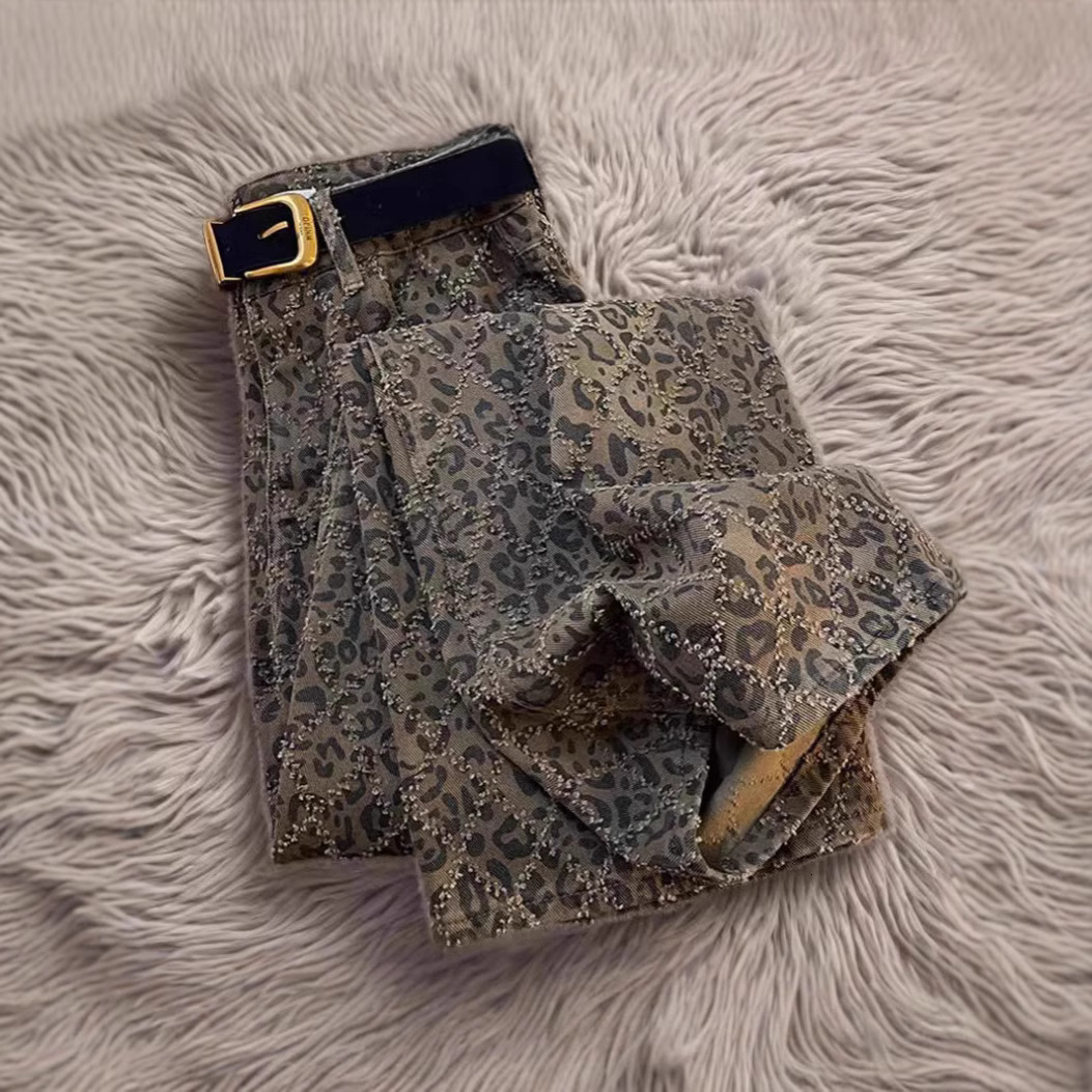 Designer Women's Pants 2026 Spring And Autumn New Leopard Print Women's High Waisted Jeans Street Style American Retro Casual Long Pants