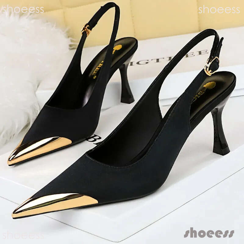 heels Shoes 7 Cm Metal Pointed Silks Satins Kitten Heels Hollow Back Women Sandals Sexy Lady Pumps