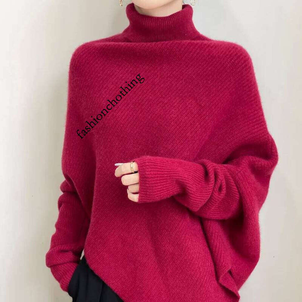 Zhehan 100% Merino Wool Autumn Winter Batwing Sleeves High Neck Pullover Long Sleeve Knitwear Trendy Stylish Warm Women Cashmere Top