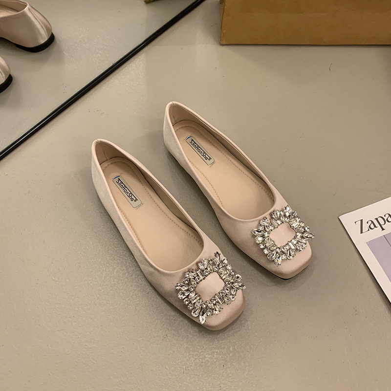 Elegant luxury Sandals 2026 Women's Square Toe Ballet Flats Rhinestone Buckle Satin Dress Shoes Free Shipping