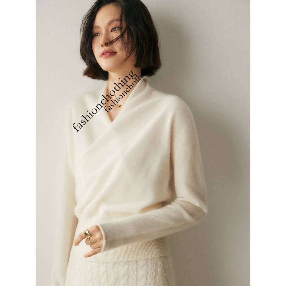 Zhehan Women's 100% Sweater Crossover Collar Pullover Office Lady Basic Grace Cashmere Knitwear Autumn Winter Tops