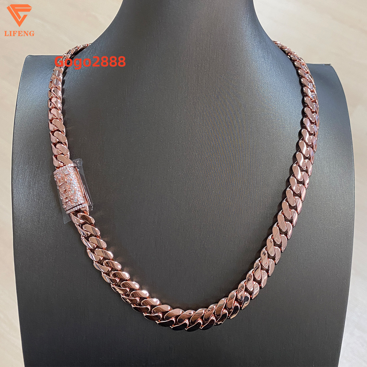 Rose Gold Iced Out Custom Moissanite Clasp 12mm Solid 925 Sterling Silver Plain Hip Hop Miami Cuban Chain for Men