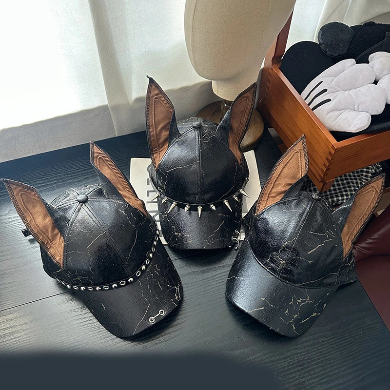 Niche Punk Leather Rivet Dog Ears Baseball Caps Spring Autumn Men Women Personality Adjustable Trendy Sunshade Hip Hop Hats 260114