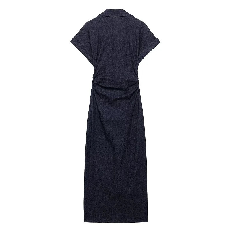 MUJER 2026 Denim Long Dress Woman Button Pleated Midi Dresses for Women Short Sleeve Jeans Womens Dress Spring Holiday Dresses 260109