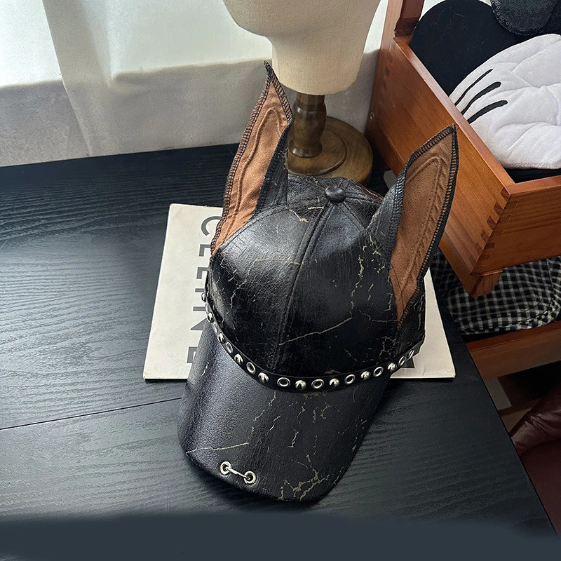 Niche Punk Leather Rivet Dog Ears Baseball Caps Spring Autumn Men Women Personality Adjustable Trendy Sunshade Hip Hop Hats 260114