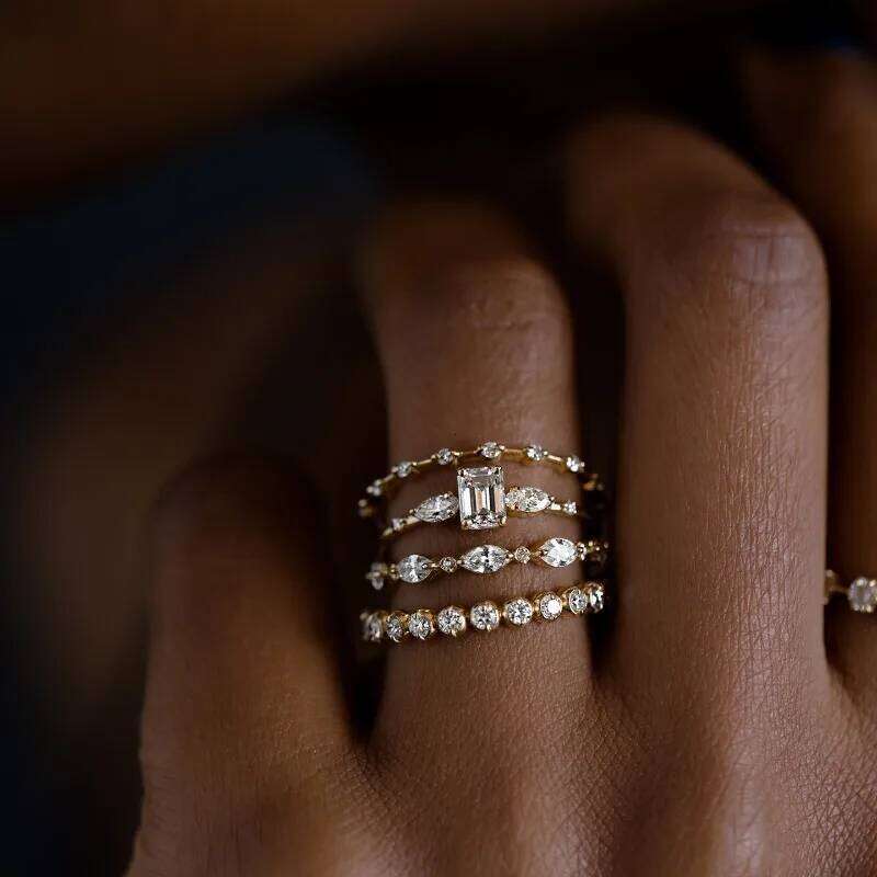 4pcs/setArt Deco Bridal Set Cushion Cut Halo Engagement Mixed Eternity Band Layering Ring