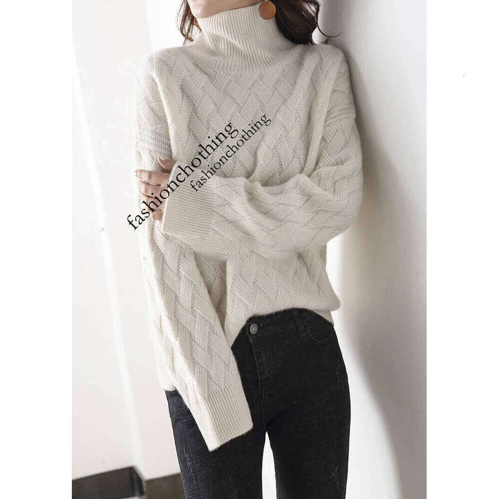 Zhehan Women's Autumn Winter Thick Mock Neck Pullover 100% Merino Wool Sweater Rhombus Knit Casual Loose Style Cashmere Knitwear