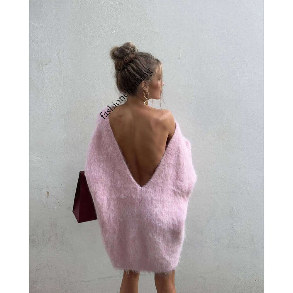 Zhehan New Female Street Pullover Women Sexy Mohair Pink Backless Sweater Elegant O-Neck Long Lantern Sleeves Loose Knitwear