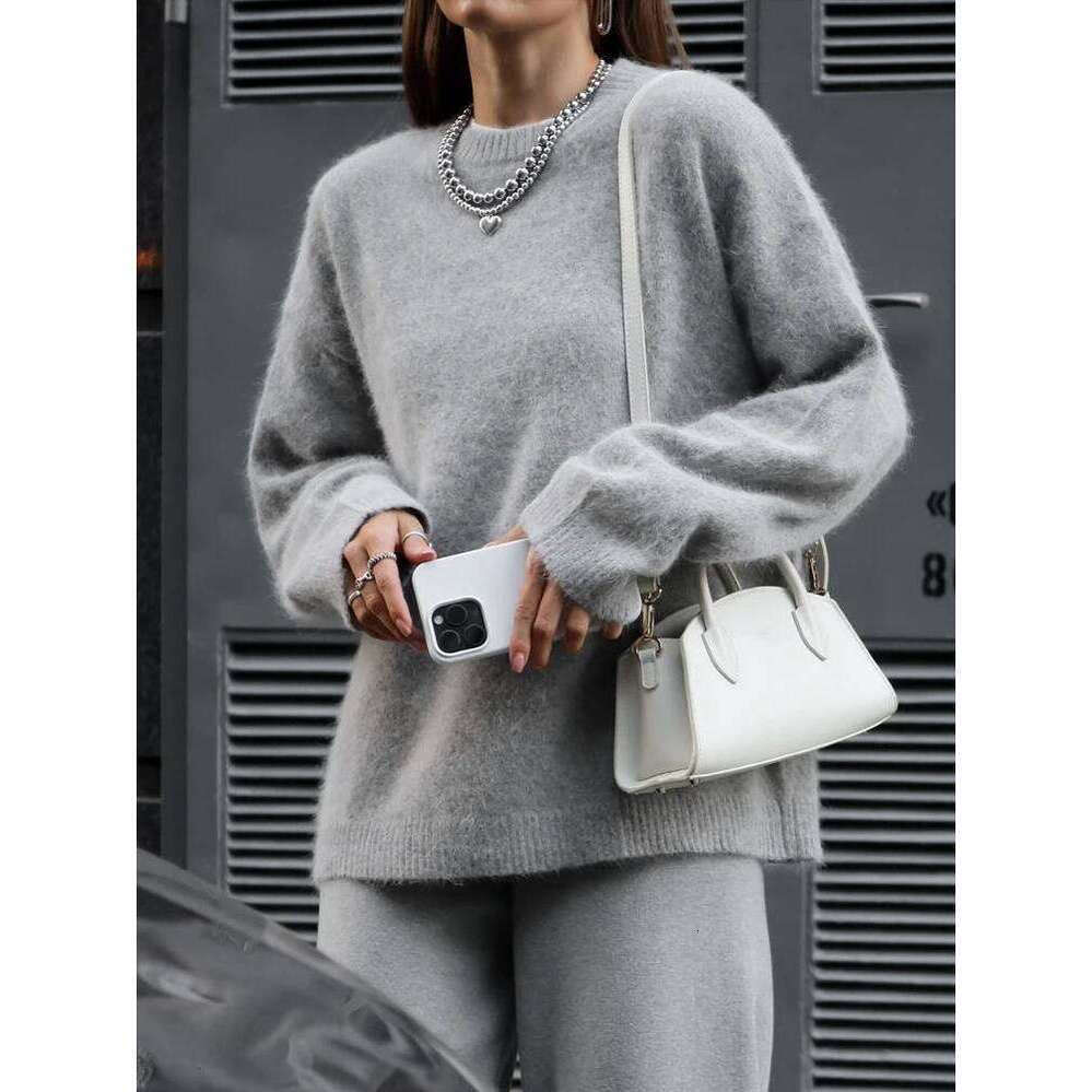 Zhehan Autumn Winter Women's Knitted Sweater Wool Mohair Thin Gray Jumper Oversize Basic Pullover Red Vintage Sweaters For Women