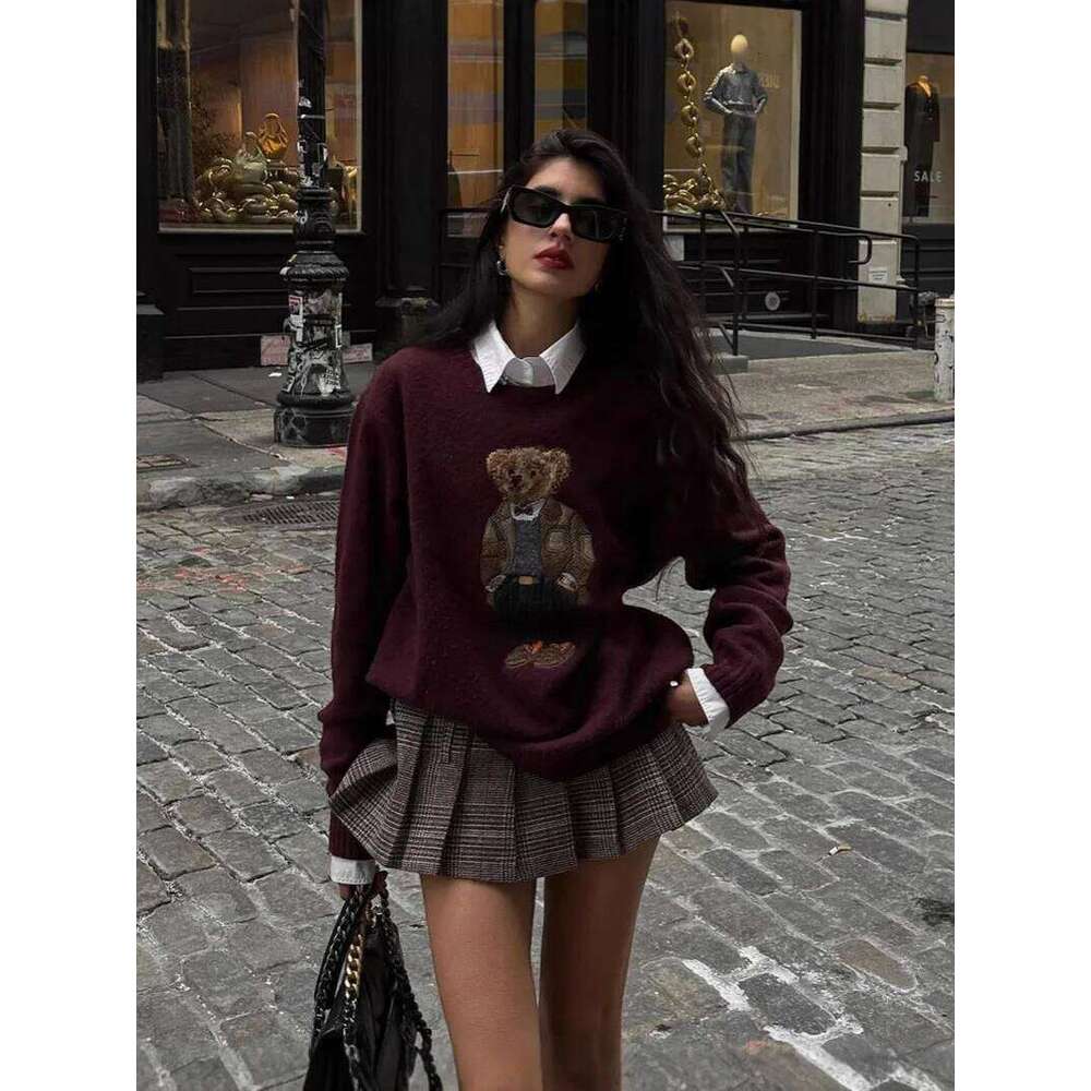 Autumn And Winter Sweaters Popular Teddy Bear Embroidery Pullover Retro Lazy Style Loose Sweater Pullovers Jumpers DREAM RECALL