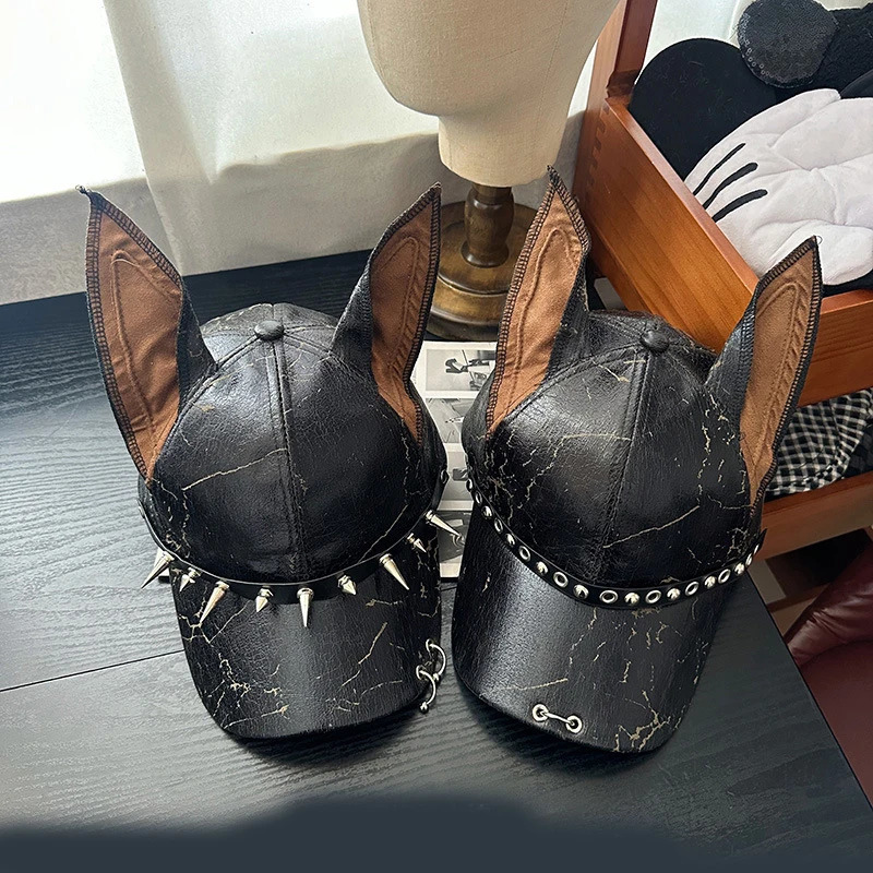Niche Punk Leather Rivet Dog Ears Baseball Caps Spring Autumn Men Women Personality Adjustable Trendy Sunshade Hip Hop Hats 260114