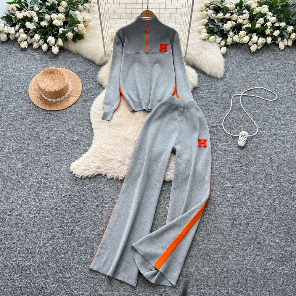 Casual Sports Suit For Women Autumn Design Color-Block Letter Embroidery Stand Collar Half-Zip Knitted Top Wide-Leg Pants