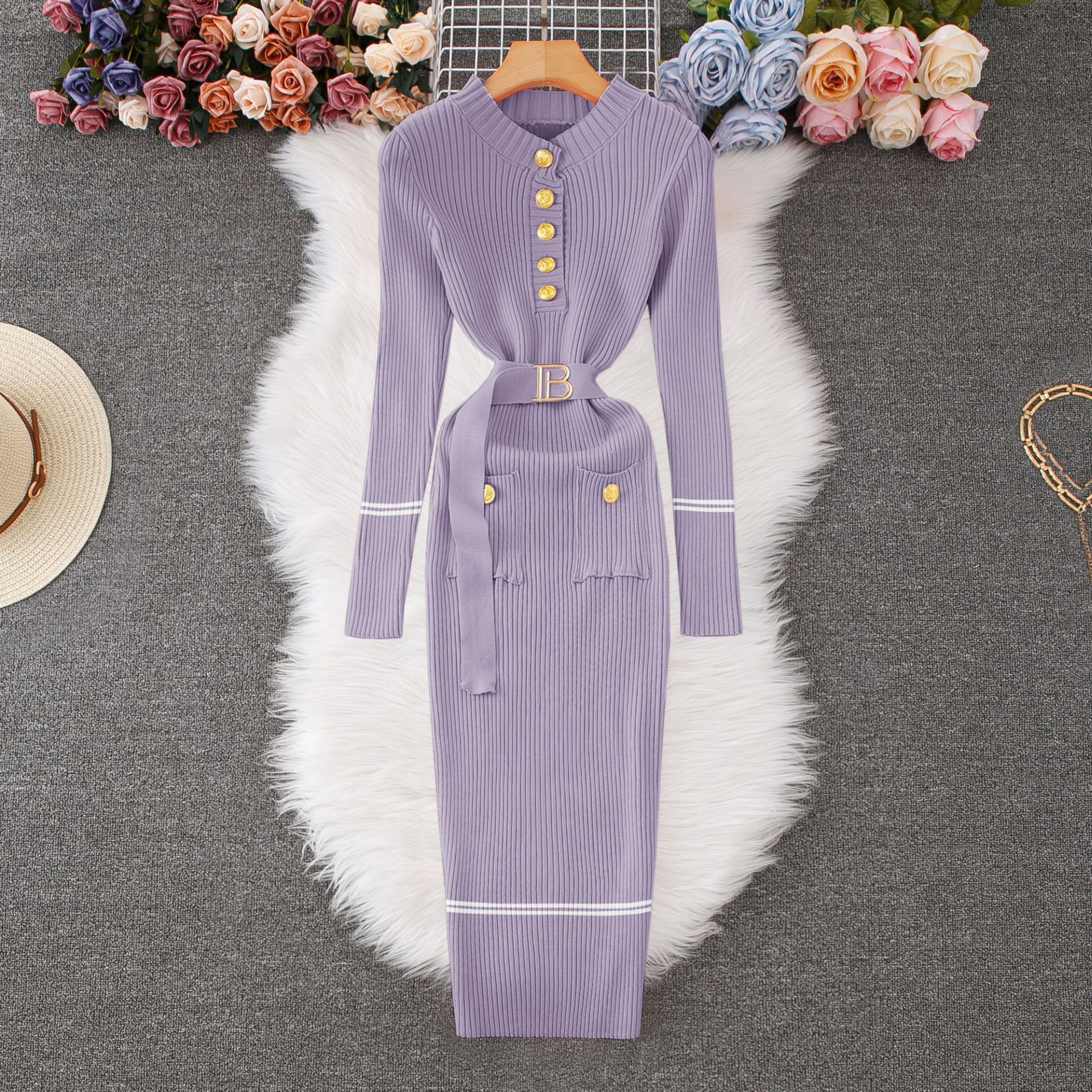 Luxury Brand Designer Clothes French Style Knitted Dress Autumn Winter Slim Fit Elegant Fashion Button With Belt Sweater Long Dress
