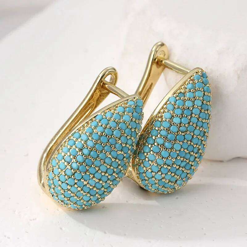 Fashion Synthetic Turquoise Inlaid Teardrop Shape Golden Plated Stud Earrings Women's Elegant Banquet Jewelry Accessories Crafts