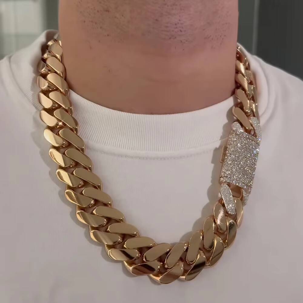 Custom Moissanite Mosaic Lock Gold Plated 25MM Wide Miami Cuban Link Chain Solid Silver Men Chain Cuban Chain Necklace Jewelry