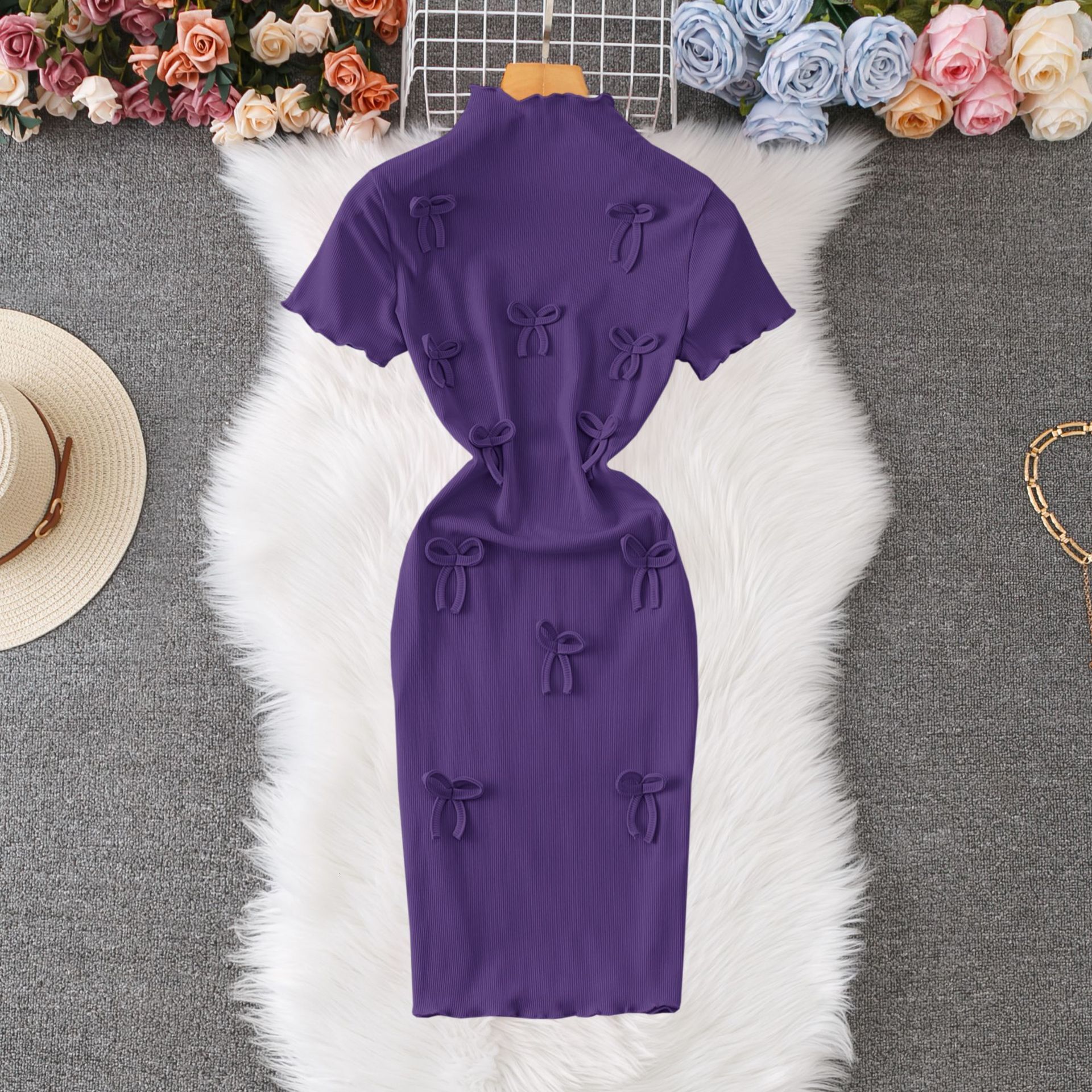 Luxury Brand Designer Clothes High Elasticity Comfortable Korean Style Bow Short Sleeve Dress 2025 Summer Versatile Slim Fit Little Style Bodycon Wome