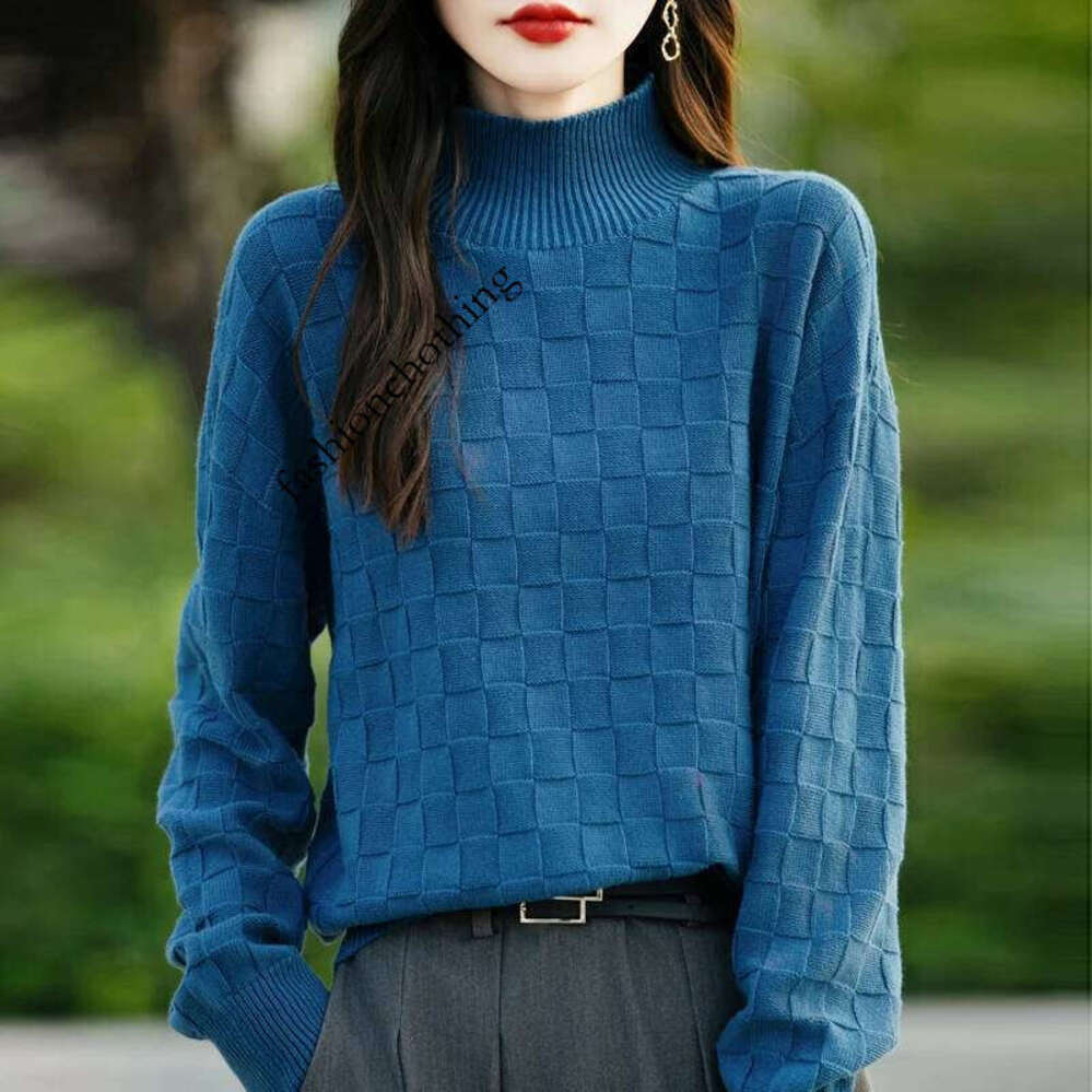 Zhehan Autumn And Winter New Women's 100% Cotton Sweater Half High Collar Pullover Shirt Square Pattern Loose Fashion Knitted Top