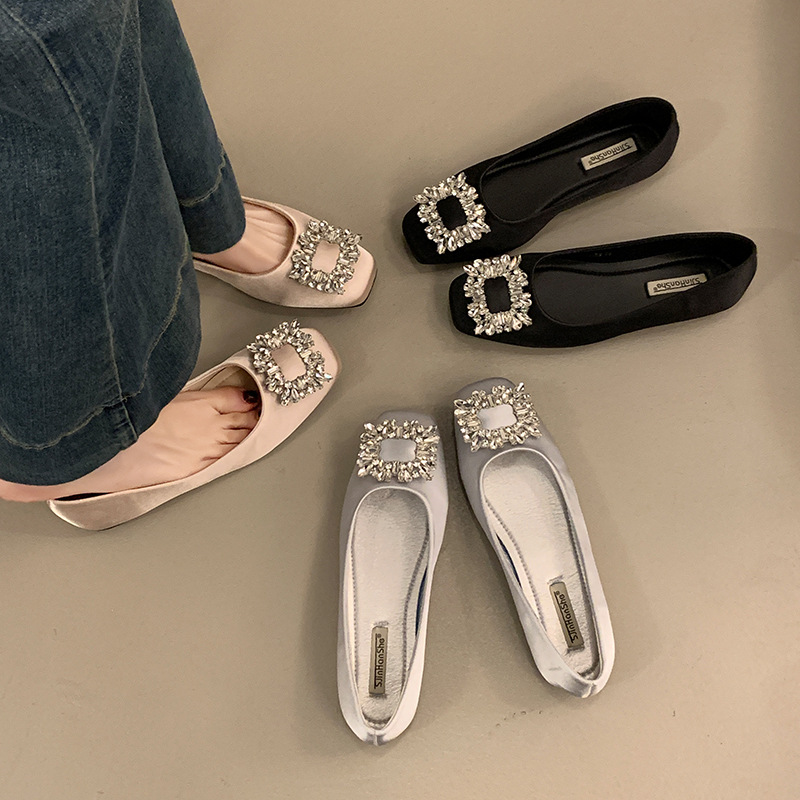 Elegant luxury Sandals 2026 Women's Square Toe Ballet Flats Rhinestone Buckle Satin Dress Shoes Free Shipping