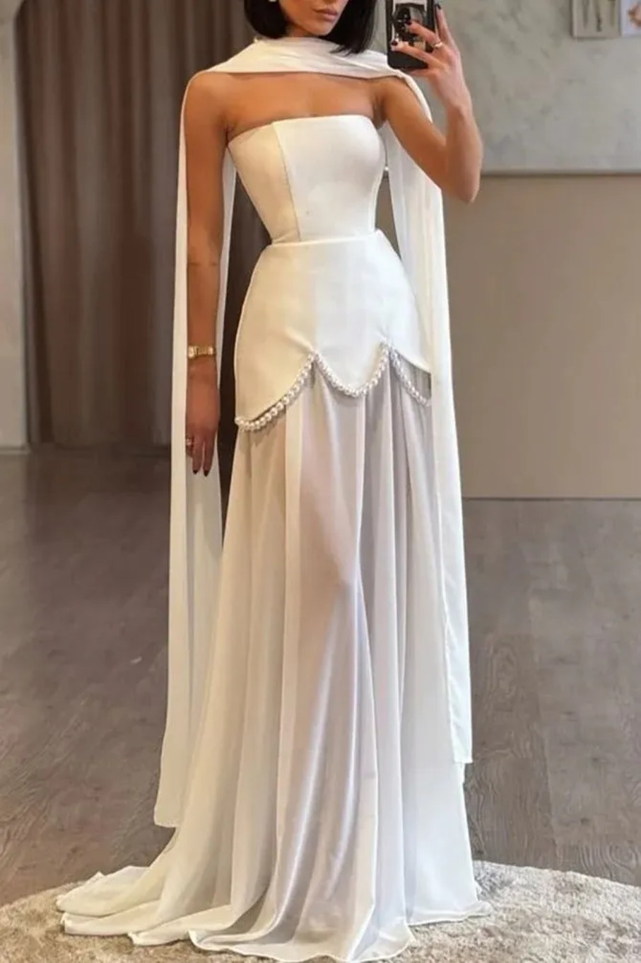 Special Design Petal Skirt Prom With Pearls Decor Satin Strapless Women Formal Occasion Evening Gowns Fishtail Floor Length White And Black Maxi Dress