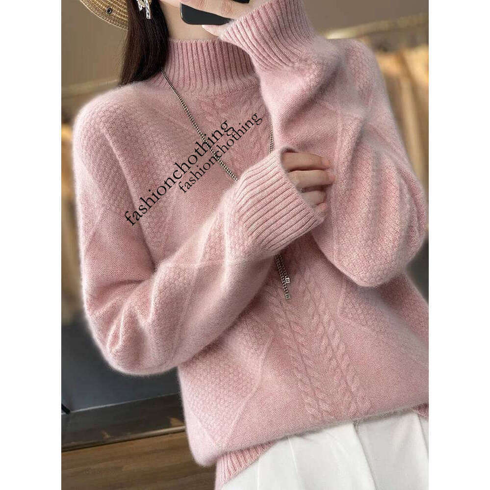 Zhehan Women Mock Neck Pullovers Cashmere Sweater Autumn Winter Thick Warm Twist Casual 100% Merino Wool Knitwear Korean Fashion Tops