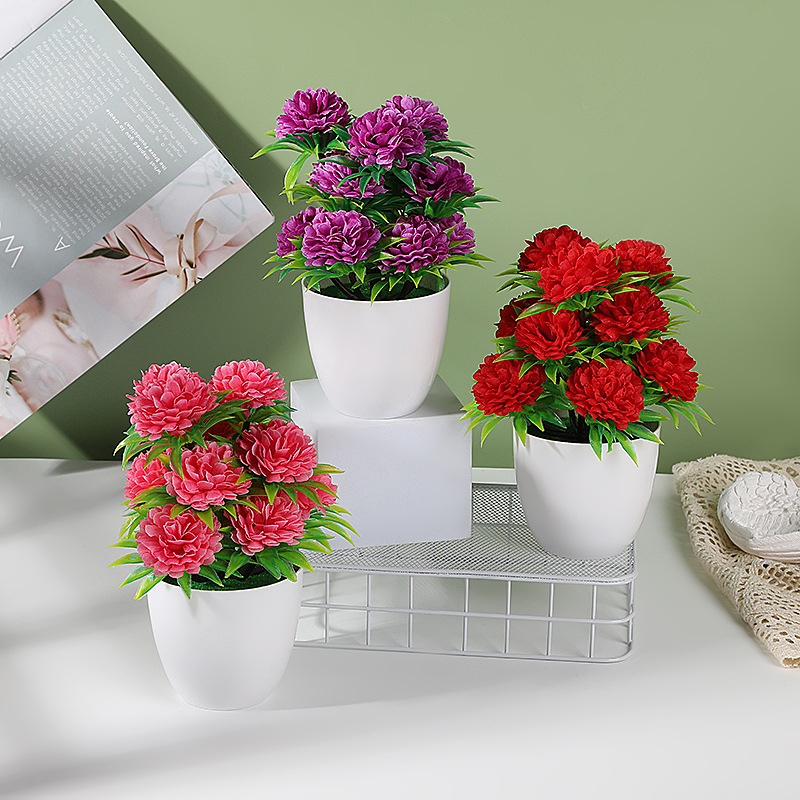 Artificial Potted 12 Heads Ball Chrysanthemum Fake Plants Faux Flowers for Home Decor Indoor Office Table Room Farmhouse Bathroom Kitchen Office Desk Decorations