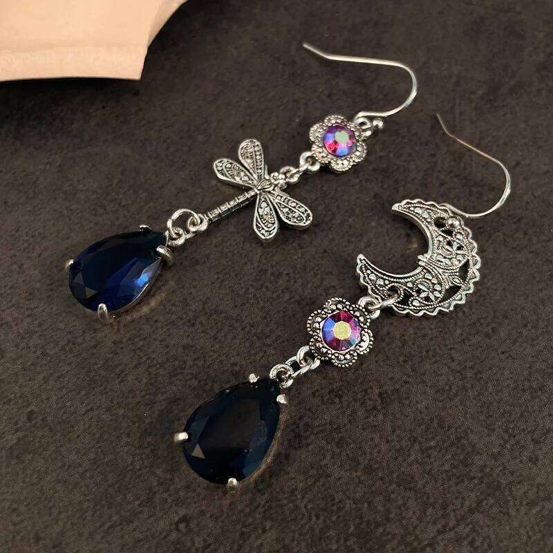 New Style Creative Dragonfly Star Asymmetrical Fashion Trend Blue Teardrop Dangle Hook Earrings