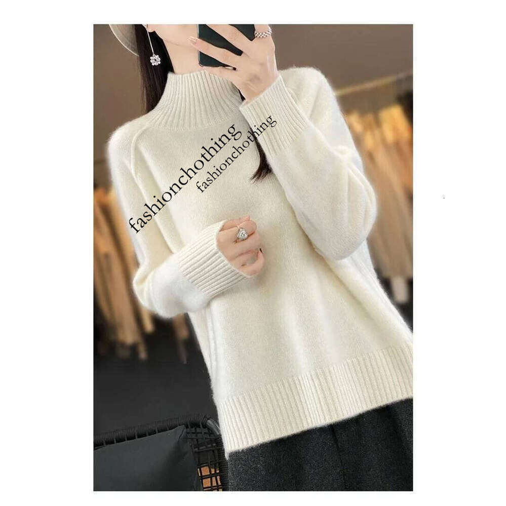 Zhehan Women's High-Necked Cashmere 100% Soft Wool Thickened Lazy Raglan Sweater With Slit For Autumn Winter Comfortable Waxy Pure Wool Sweater