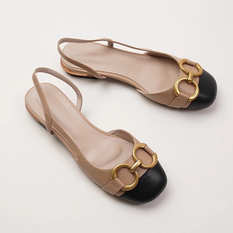 Luxury Sandals 2026 Women's Beige & Brown Cap Toe Slingback Flats Gold Horsebit Buckle Casual Dress Shoes Free Shipping