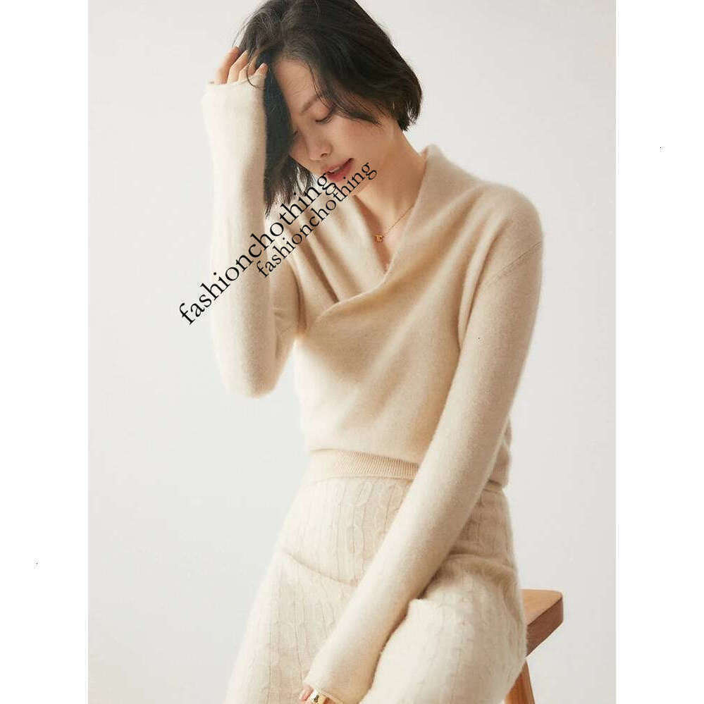 Zhehan Women's 100% Sweater Crossover Collar Pullover Office Lady Basic Grace Cashmere Knitwear Autumn Winter Tops