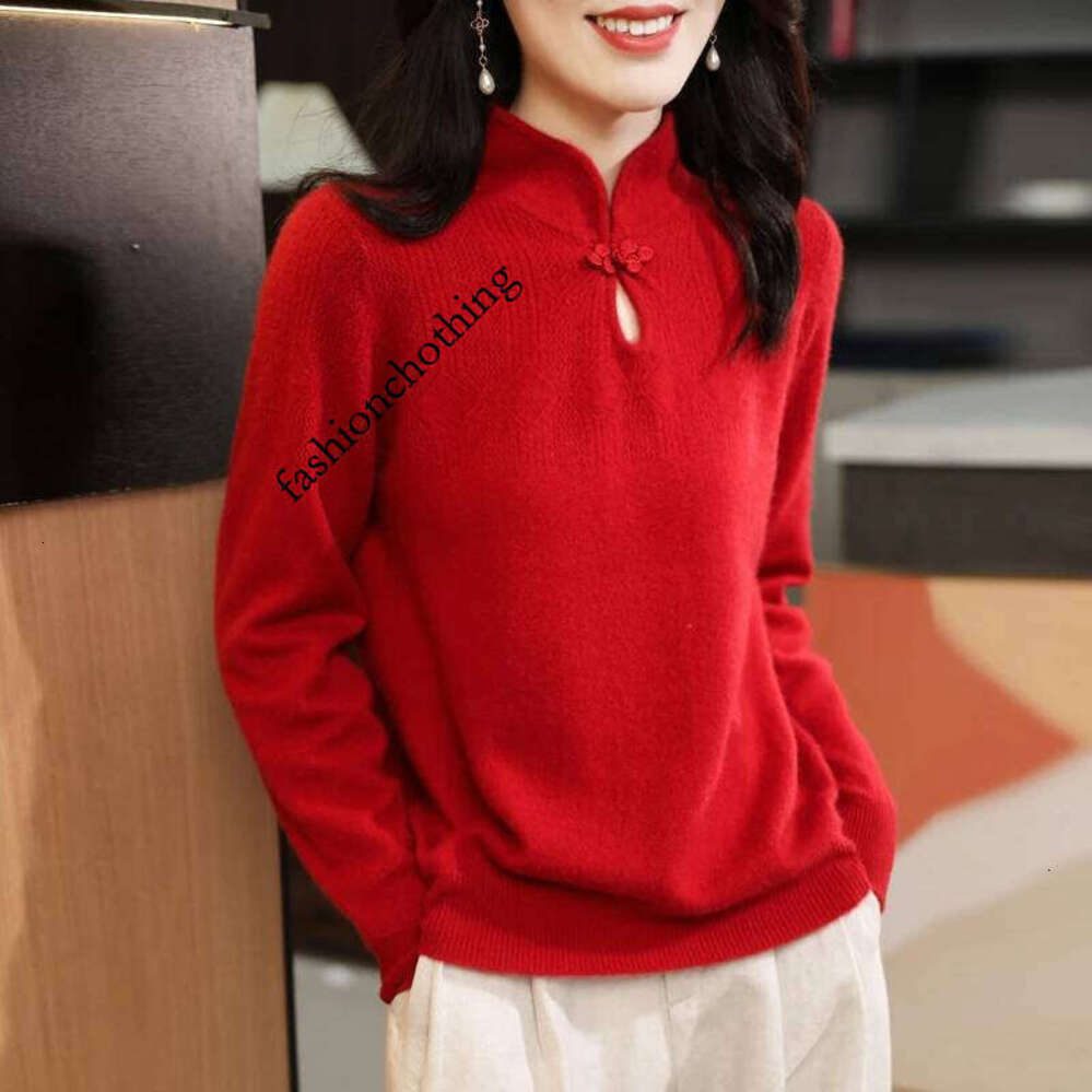 Zhehan Women 100% Merino Wool Sweater Autumn Winter Stand-Up Collar Warm Pullover Chinese Style Buckle Cashmere Knitwear Bottoming Tops