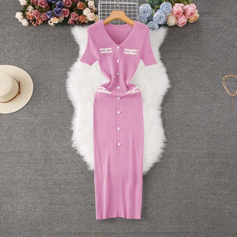 Luxury Brand Designer Clothes French Single-Breasted Knitted Dress V-Neck Slim Fit Elegant Sweater Dress European And American Women's Fashion Wo