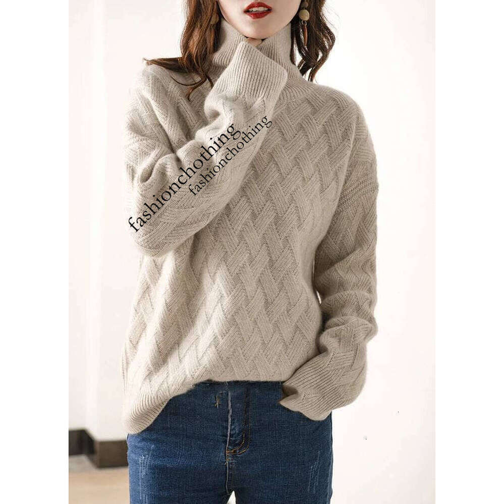 Zhehan Women's Autumn Winter Thick Mock Neck Pullover 100% Merino Wool Sweater Rhombus Knit Casual Loose Style Cashmere Knitwear
