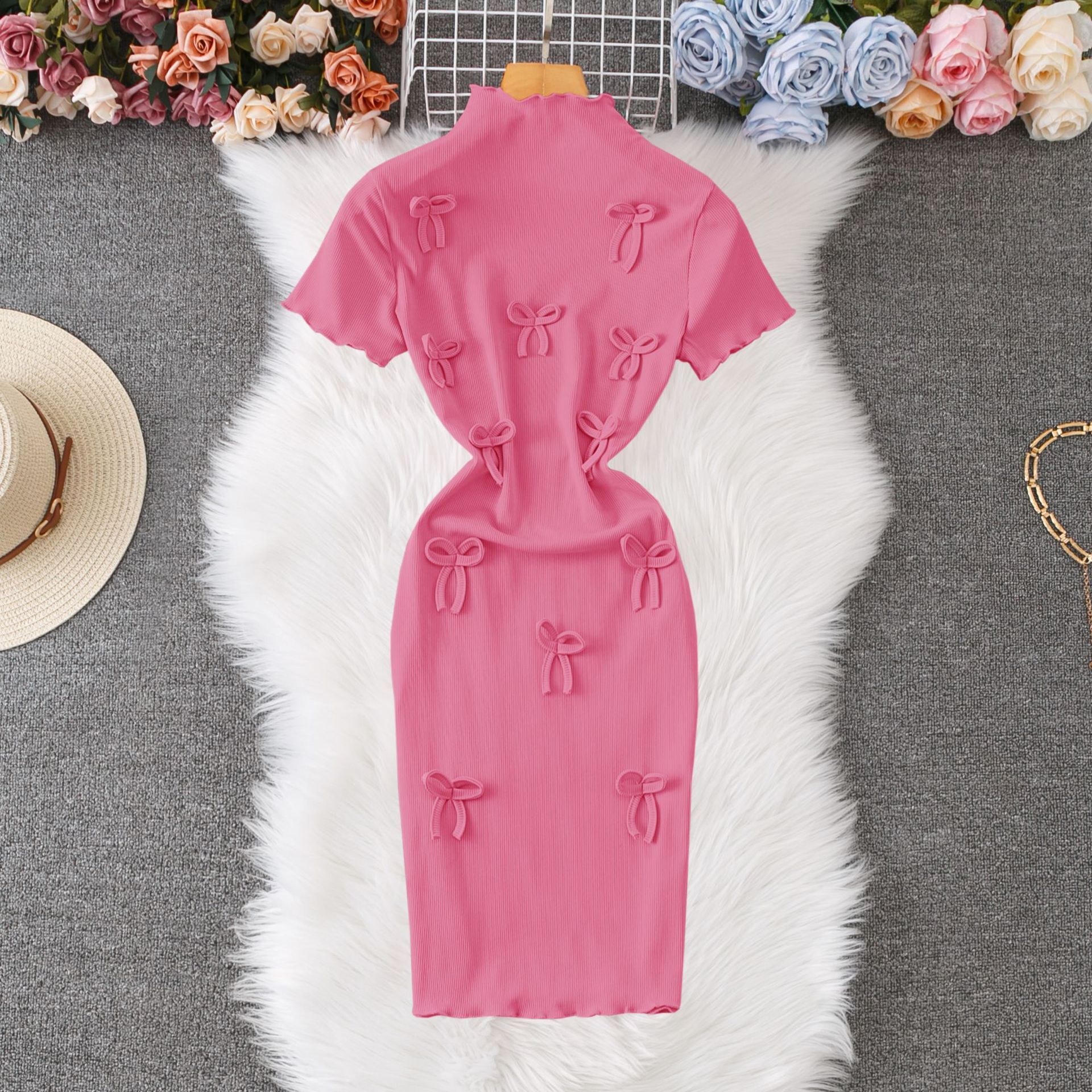 Luxury Brand Designer Clothes High Elasticity Comfortable Korean Style Bow Short Sleeve Dress 2025 Summer Versatile Slim Fit Little Style Bodycon Wome