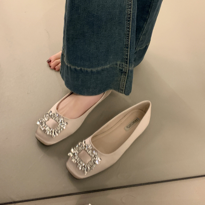 Elegant luxury Sandals 2026 Women's Square Toe Ballet Flats Rhinestone Buckle Satin Dress Shoes Free Shipping