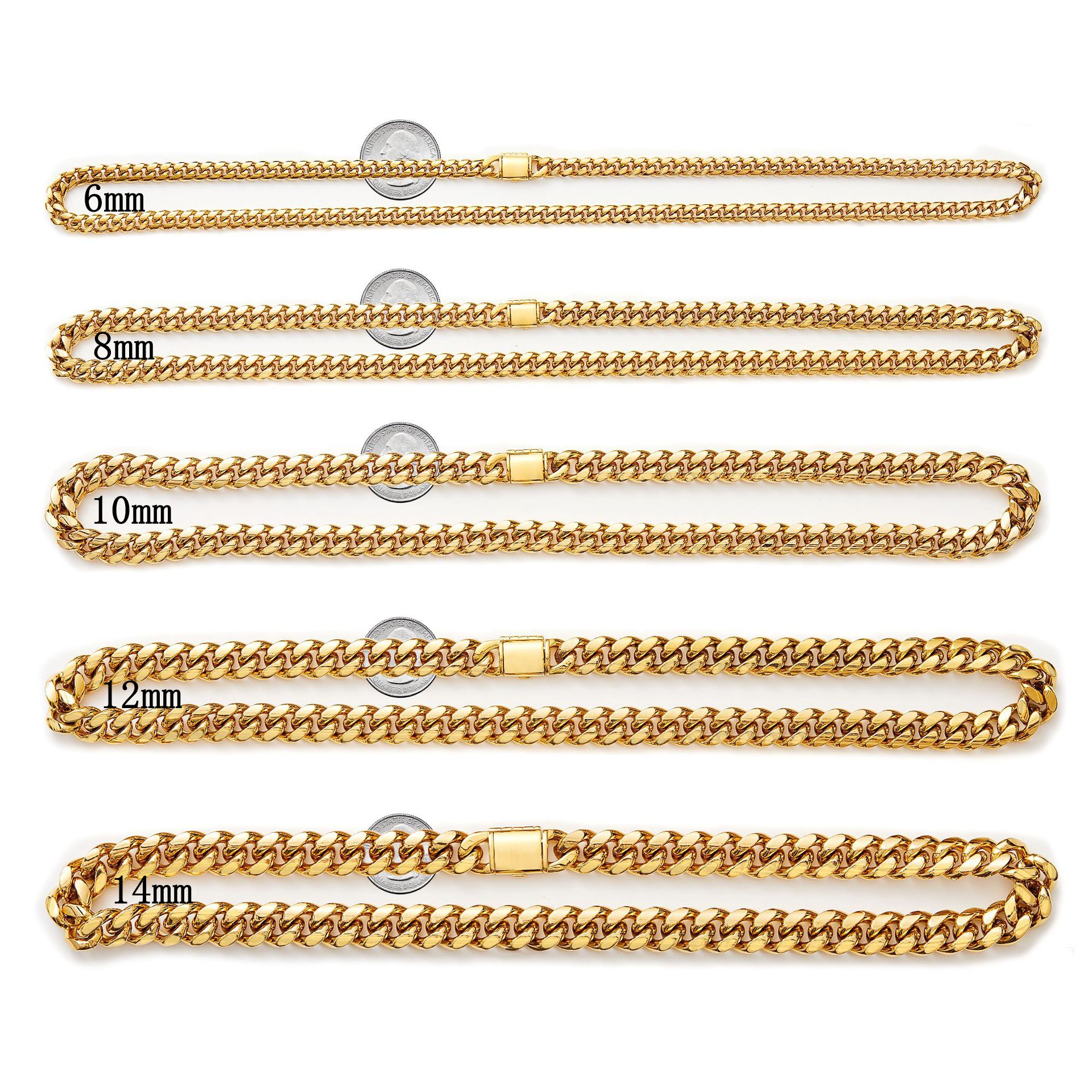 6mm-14mm Hip Hop 316L Stainless Steel Miami Cuban Link Chain 18K Real Gold Plated High Polished Mens Necklace Jewelry Gold Color