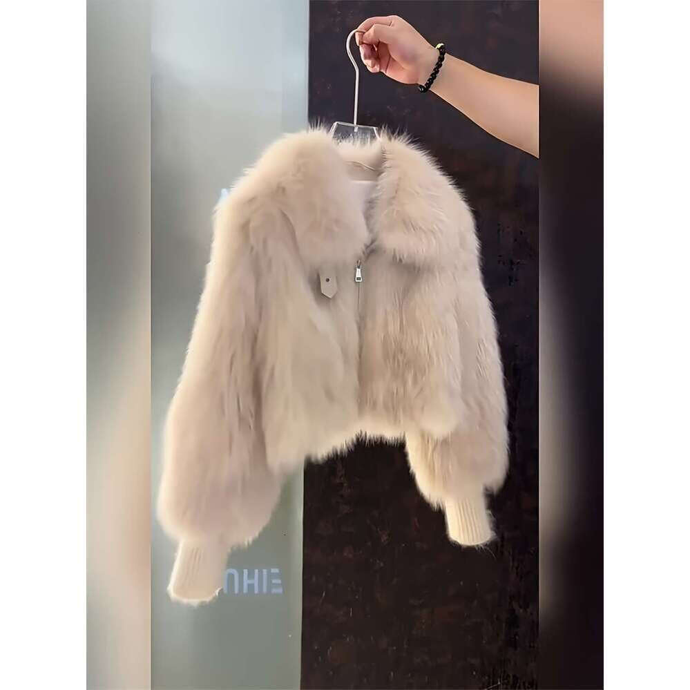 Zhehan Faux With Hooded Collar Loose H-Shaped Silhouette, Single-Breasted Closure, White/Cream Beige Fur Suitable For Casual Formal Occasions Hand Was
