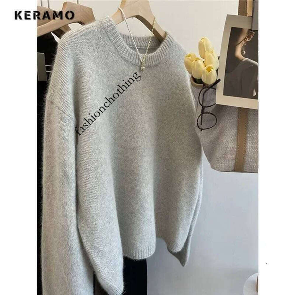 Zhehan 2024 Autumn Winter Elegant Vintage Grey V-Neck Knitting Long Sleeve Gyaru Pullovers Women Casual Solid Color Ladies Sweater