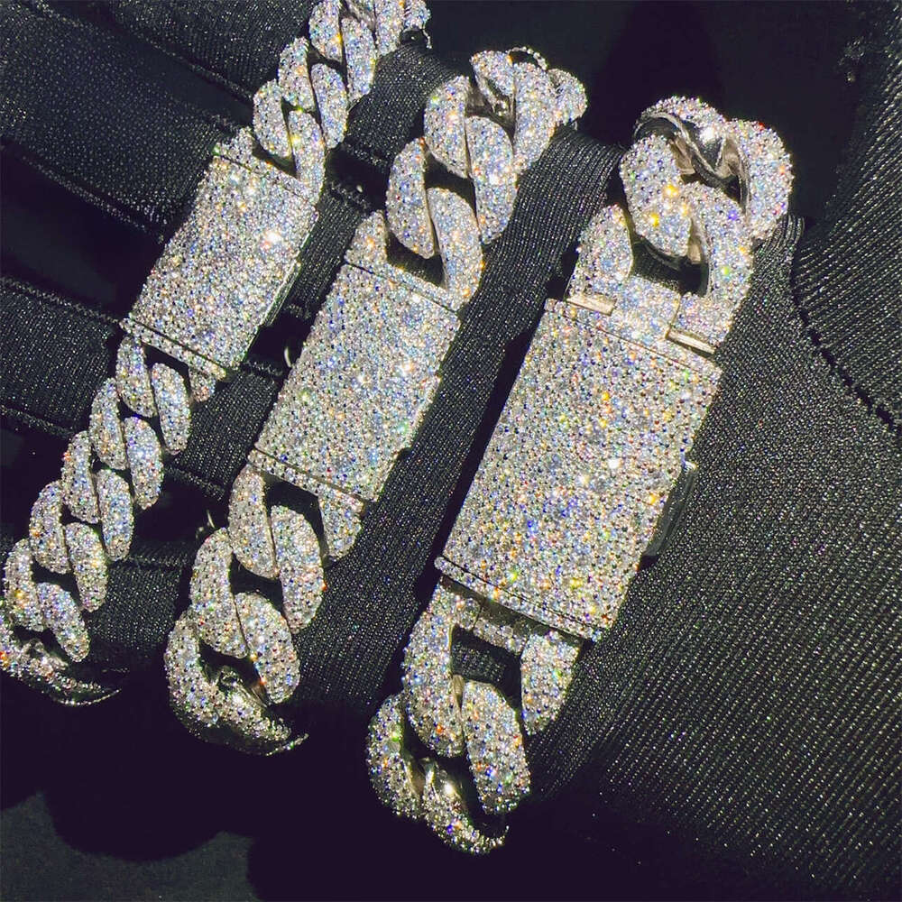 Mosaic Inlay 12 15 18 mm Sterling Silver 925 VVS Hip Hop Cuban Chain Moissanite Bracelet - view 5