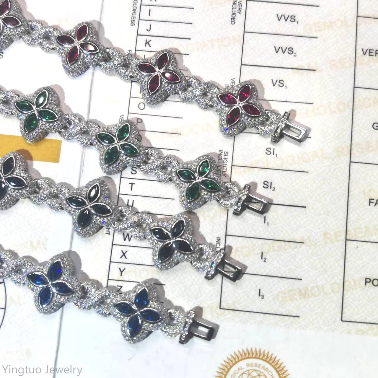 Luxury Hip Hop Jewelry Colorful Moissanite Iced Out S925 Silver Cuban Clover Bracelet - view 4