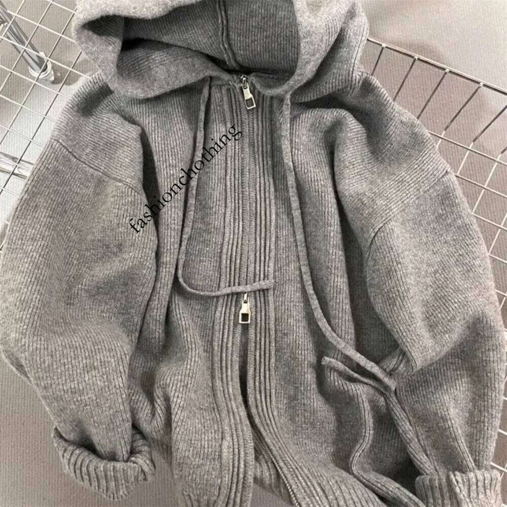 Zhehan Korean Gray Hood Sweater Outerwear Women Loose Spring Autumn And Winter Outdoor Thickened Knitted Double Zipper Hoodie Coats