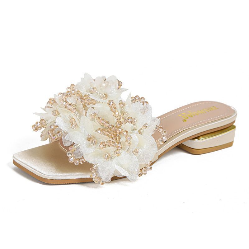Luxury Slippers Women's Gold Square Toe Floral Beaded High Heel Mules Fashion Party Dress Sandals