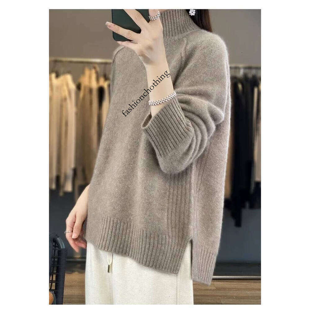 Zhehan Women's High-Necked Cashmere 100% Soft Wool Thickened Lazy Raglan Sweater With Slit For Autumn Winter Comfortable Waxy W