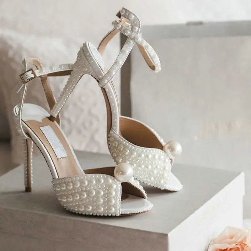 2025 Handmade Pearl Leather High Heels Sweet Princess Shoes Bride Wedding Shoes Fish Mouth Fashion Stiletto Sandals Women 260114