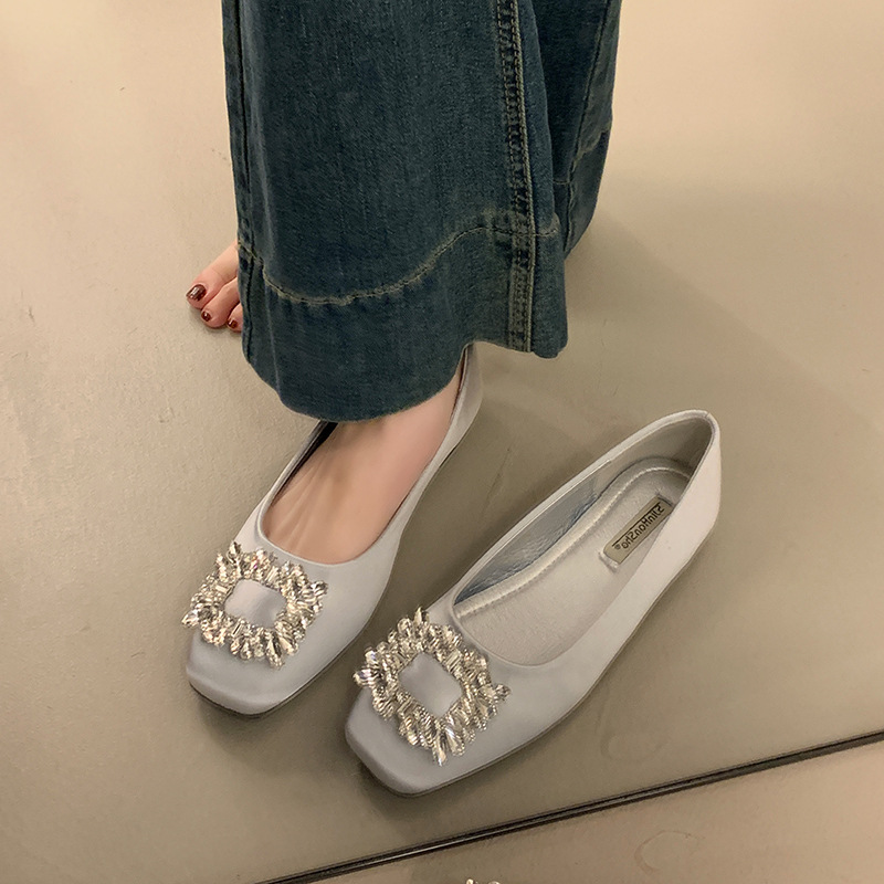 Elegant luxury Sandals 2026 Women's Square Toe Ballet Flats Rhinestone Buckle Satin Dress Shoes Free Shipping