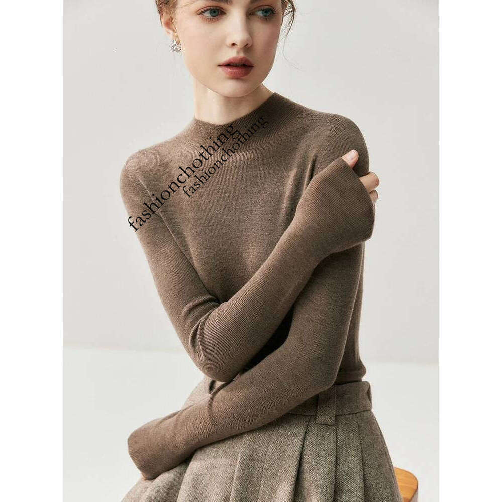 Zhehan Hine Washable Women 100% Wool Sweater Mock Neck Slim Basic Pullover 18-Thread Worsted Cashmere Knitwearautumn Winter