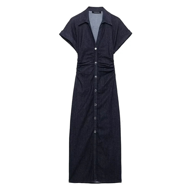 MUJER 2026 Denim Long Dress Woman Button Pleated Midi Dresses for Women Short Sleeve Jeans Womens Dress Spring Holiday Dresses 260109